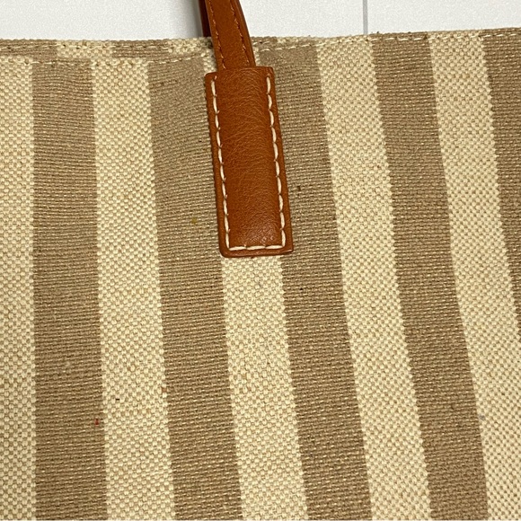 EUC Burlap Jute Natural Tote Shoulder Bag Tan Striped Leather Straps - Picture 6 of 15